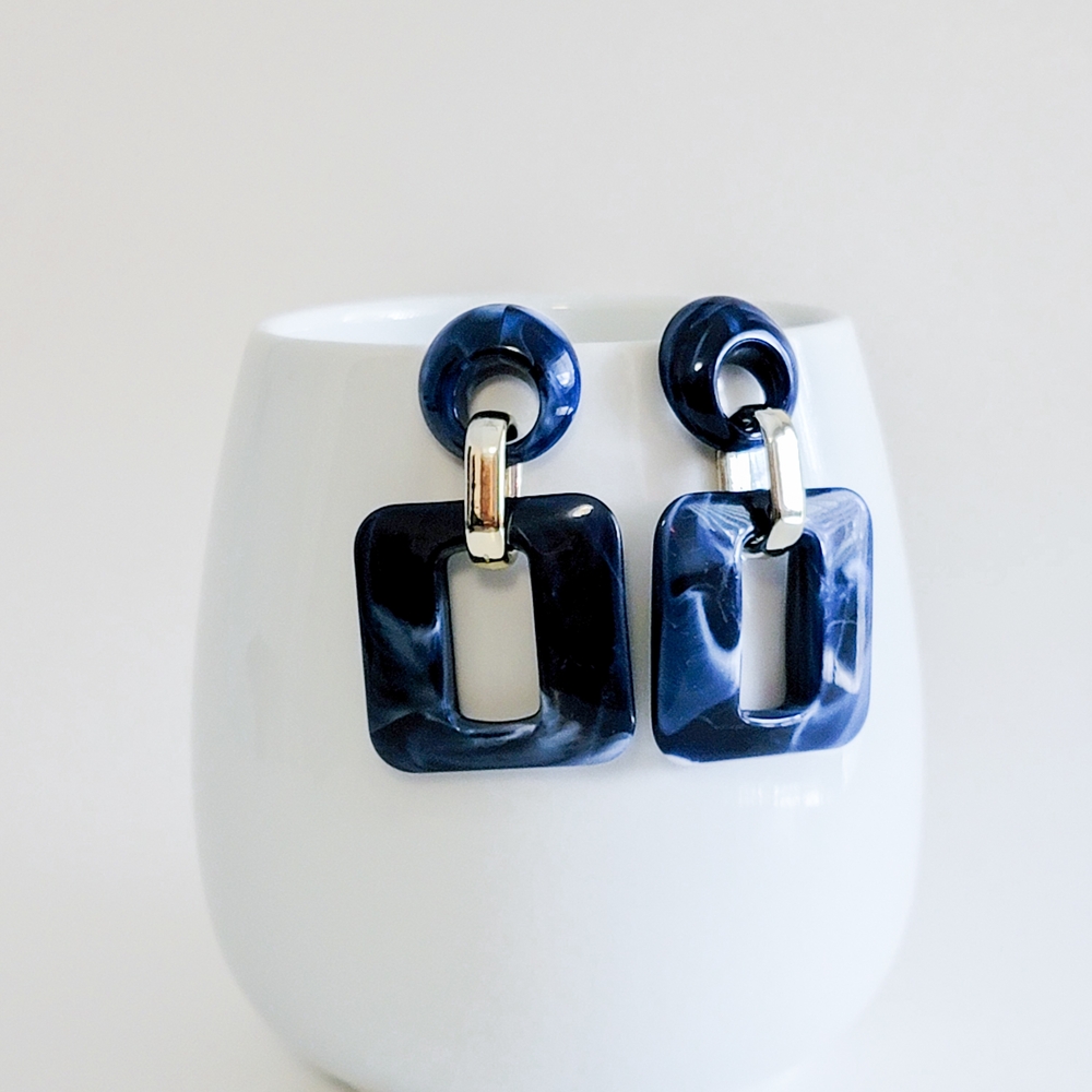 Marbled Navy Acrylic Link Drop Earrings